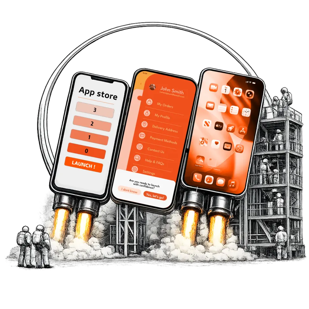 App launch illustration with phones being constructed